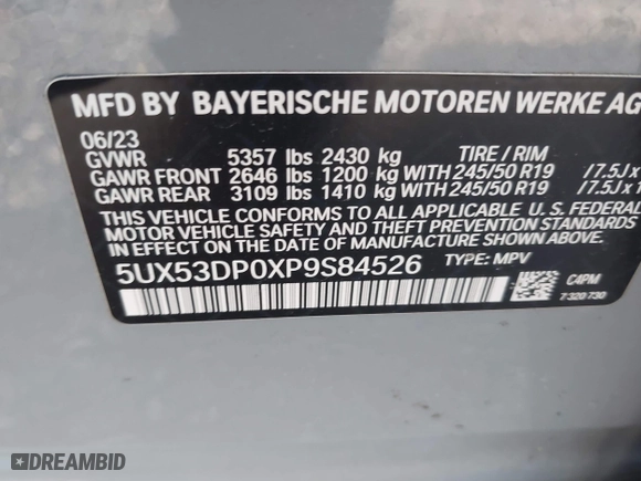 2023 BMW X3 xDrive30i with VIN 5UX53DP0XP9S84526, listed as a IAAI auction lot 41727224 with 34,307 mi miles. Bid and sale history available at carsss.com. Image 9.