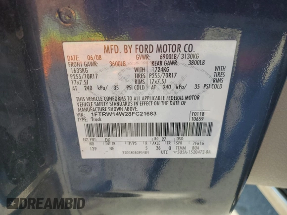 2008 Ford F-150 XL with VIN 1FTRW14W28FC21683, listed as a Copart auction lot 88480885 with 202,540 mi miles and Salvage Title. Bid and sale history available at carsss.com. Image 12.