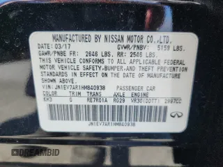 2017 Infiniti Q50 Premium с VIN JN1EV7AR1HM840938, выставлен на аукционе Copart как лот 64193265 с пробегом 62 172 миль миль и Списание • Salvage title. История ставок и продаж доступна на DreamBid. Изображение 12.