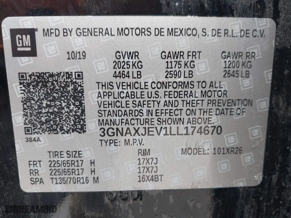 2020 Chevrolet Equinox LT with VIN 3GNAXJEV1LL174670, listed as a IAAI auction lot 41697955 with 56,125 mi miles. Bid and sale history available at carsss.com. Image 9.