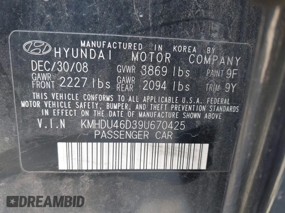 2009 Hyundai Elantra SE z VIN KMHDU46D39U670425, wystawiony jako IAAI lot #42094937 z przebiegiem 174 545 mil mil oraz . Historia ofert i sprzedaży dostępna na DreamBid. Obrazek 9.