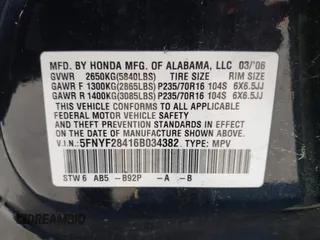 2006 Honda Pilot EX with VIN 5FNYF28416B034382, listed as a IAAI auction lot 41950405 with 176,437 mi miles and . Bid and sale history available at DreamBid. Image 9.