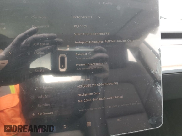 2023 Tesla Model 3 with VIN 5YJ3E1EA8PF683731, listed as a Copart auction lot 48896555 with 19,177 mi miles and Salvage title. Bid and sale history available at DreamBid. Image 9.