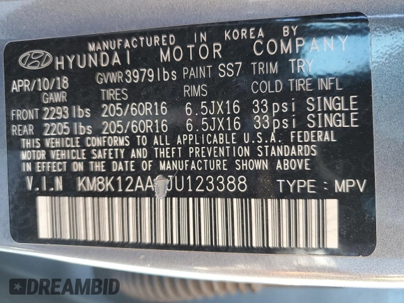 2018 Hyundai Kona SE with VIN KM8K12AA9JU123388, listed as a Copart auction lot 49460925 with 32,946 mi miles and Salvage Title. Bid and sale history available at DreamBid. Image 14.