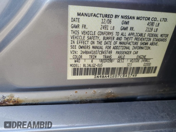 2007 Nissan Maxima 3.5 SE with VIN 1N4BA41E07C843749, listed as a Copart auction lot 49958744 with 0 mi miles and Salvage Title. Bid and sale history available at carsss.com. Image 12.