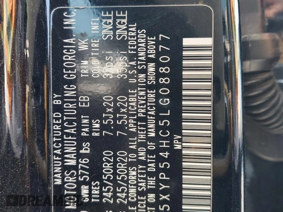 2020 Kia Telluride SX with VIN 5XYP54HC5LG088077, listed as a Copart auction lot 58829845 with 79,332 mi miles and Salvage title. Bid and sale history available at DreamBid. Image 14.