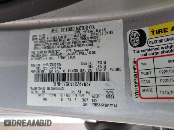 2011 Lincoln MKZ with VIN 3LNHL2GC5BR767637, listed as a IAAI auction lot 41859941 with Not provided miles and . Bid and sale history available at DreamBid. Image 9.