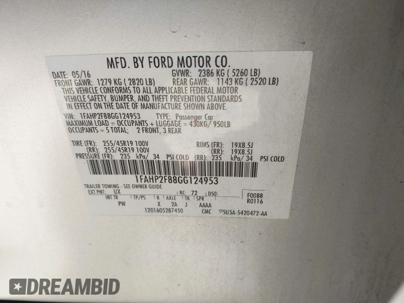 2016 Ford Taurus Limited with VIN 1FAHP2F88GG124953, listed as a IAAI auction lot 42659653 with 150,486 mi miles and . Bid and sale history available at DreamBid. Image 9.