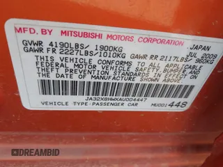 2010 Mitsubishi Lancer GTS z VIN JA32X8HWXAU004447, wystawiony jako IAAI lot #41487689 z przebiegiem Nie podano mil oraz . Historia ofert i sprzedaży dostępna na DreamBid. Obrazek 9.