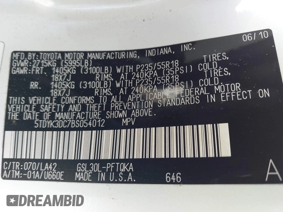 2011 Toyota Sienna XLE AAS with VIN 5TDYK3DC7BS054012, listed as a IAAI auction lot 41752182 with 123,226 mi miles and . Bid and sale history available at DreamBid. Image 9.