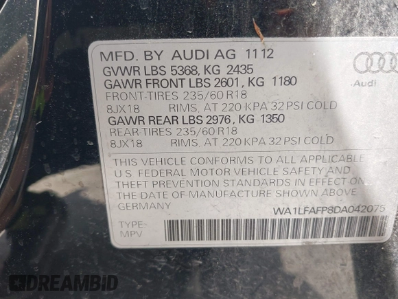 2013 Audi Q5 Premium Plus с VIN WA1LFAFP8DA042075, выставлен на аукционе IAAI как лот 42561843 с пробегом 200 478 миль миль и . История ставок и продаж доступна на DreamBid. Изображение 9.