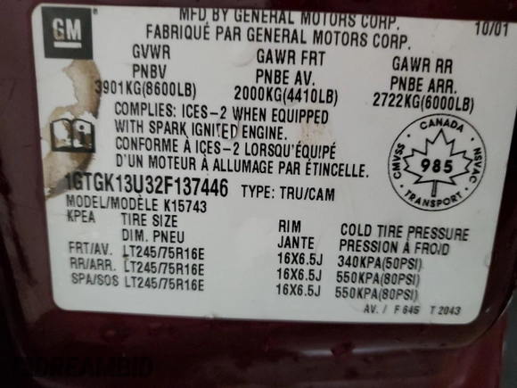 2002 GMC Sierra 1500HD SLE z VIN 1GTGK13U32F137446, wystawiony jako Copart lot #82978294 z przebiegiem 144 560 mil mil oraz Szkody całkowita. Historia ofert i sprzedaży dostępna na DreamBid. Obrazek 12.