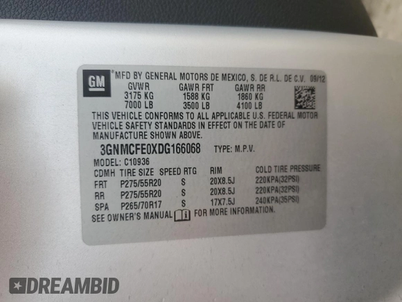 2013 Chevrolet Avalanche LT with VIN 3GNMCFE0XDG166068, listed as a Copart auction lot 43021835 with 148,575 mi miles and Salvage Title. Bid and sale history available at DreamBid. Image 12.