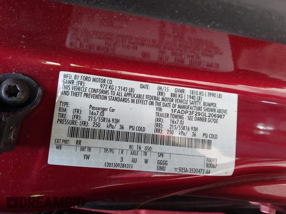 2016 Ford Focus SE with VIN 1FADP3F29GL206987, listed as a IAAI auction lot 41684013 with 92,889 mi miles. Bid and sale history available at carsss.com. Image 9.