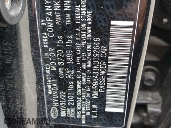 2022 Hyundai Venue SE z VIN KMHRB8A31NU192646, wystawiony jako Copart lot #57882115 z przebiegiem 64 683 mil mil oraz Szkoda całkowita • Salvage title. Historia ofert i sprzedaży dostępna na DreamBid. Obrazek 13.