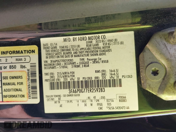 2014 Ford Fusion S with VIN 3FA6P0G77ER259283, listed as a IAAI auction lot 42088997 with 202,923 mi miles and . Bid and sale history available at DreamBid. Image 9.