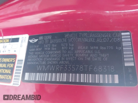 2008 MINI Convertible z VIN WMWRF33578TF68318, wystawiony jako IAAI lot #41201782 z przebiegiem 119 649 mil mil oraz . Historia ofert i sprzedaży dostępna na DreamBid. Obrazek 9.