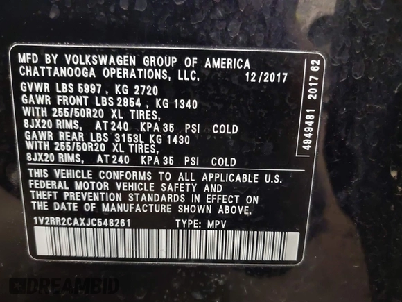 2018 Volkswagen Atlas SEL z VIN 1V2RR2CAXJC548261, wystawiony jako IAAI lot #41650478 z przebiegiem 123 399 mil mil oraz . Historia ofert i sprzedaży dostępna na DreamBid. Obrazek 9.