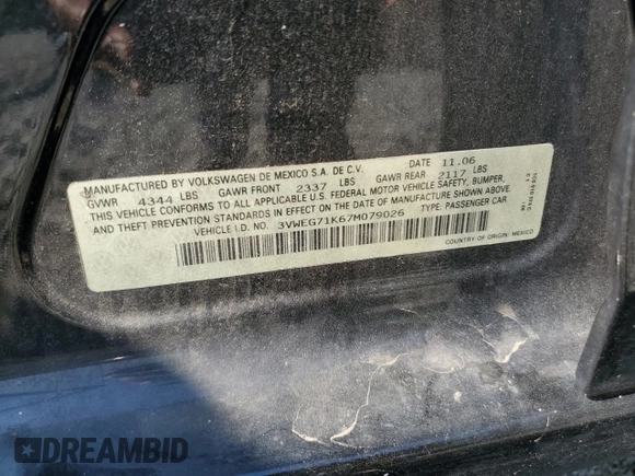 2007 Volkswagen Jetta Wolfsburg Edition z VIN 3VWEG71K67M079026, wystawiony jako Copart lot #60512895 z przebiegiem 71 380 mil mil oraz Szkoda całkowita • Salvage title. Historia ofert i sprzedaży dostępna na DreamBid. Obrazek 12.