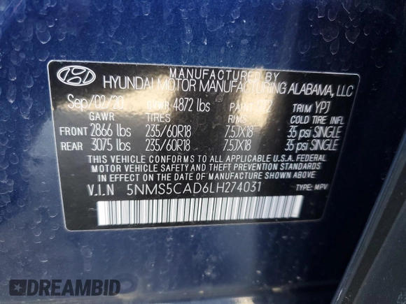 2020 Hyundai Santa Fe Limited with VIN 5NMS5CAD6LH274031, listed as a Copart auction lot 48226125 with 25,676 mi miles and Salvage Title. Bid and sale history available at carsss.com. Image 13.