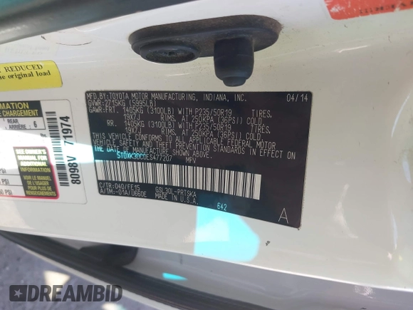 2014 Toyota Sienna SE with VIN 5TDXK3DC0ES477207, listed as a IAAI auction lot 41624619 with 213,881 mi miles and . Bid and sale history available at DreamBid. Image 9.