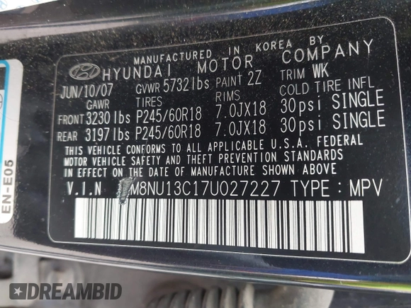 2007 Hyundai Veracruz GLS with VIN KM8NU13C17U027227, listed as a IAAI auction lot 41945106 with 194,978 mi miles and . Bid and sale history available at DreamBid. Image 9.