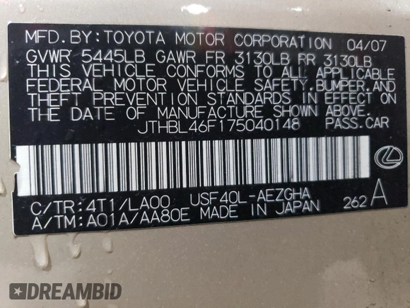 2007 Lexus LS 460 with VIN JTHBL46F175040148, listed as a Copart auction lot 50335035 with 181,107 mi miles and Salvage Title. Bid and sale history available at DreamBid. Image 14.