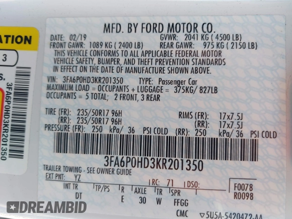 2019 Ford Fusion SE with VIN 3FA6P0HD3KR201350, listed as a IAAI auction lot 41988519 with 46,105 mi miles and . Bid and sale history available at carsss.com. Image 9.