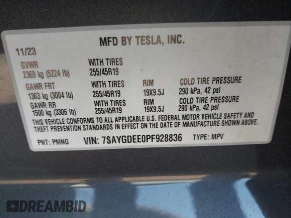 2023 Tesla Model Y Long Range with VIN 7SAYGDEE0PF928836, listed as a IAAI auction lot 41538742 with 9,630 mi miles and . Bid and sale history available at DreamBid. Image 9.