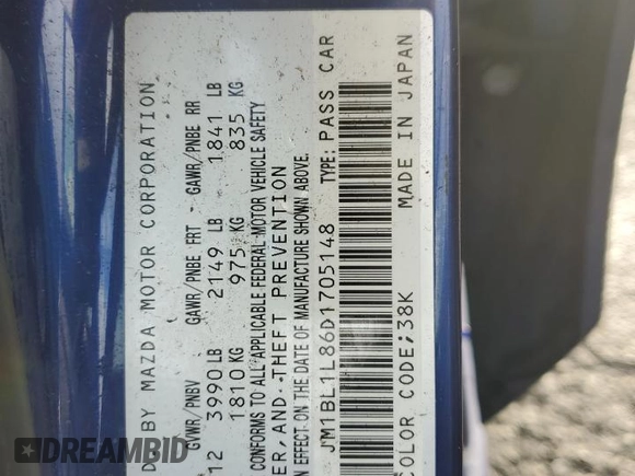2013 Mazda 3 i Touring with VIN JM1BL1L86D1705148, listed as a Copart auction lot 76975804 with 73,900 mi miles and Salvage title. Bid and sale history available at DreamBid. Image 13.
