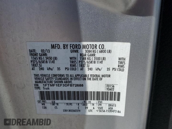 2013 Ford F-150 XL with VIN 1FTMF1EF3DFB72688, listed as a Copart auction lot 52922865 with 196,457 mi miles and Salvage Title. Bid and sale history available at DreamBid. Image 13.