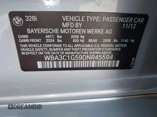 2013 BMW 3 Series 328i с VIN WBA3C1G59DNR45594, выставлен на аукционе IAAI как лот 42250547 с пробегом 183 452 миль миль и . История ставок и продаж доступна на DreamBid. Изображение 9.