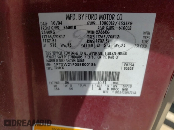 2005 Ford F-250 XL with VIN 1FTSW21P05EB00186, listed as a Copart auction lot 59328925 with 243,639 mi miles and Salvage title. Bid and sale history available at DreamBid. Image 12.