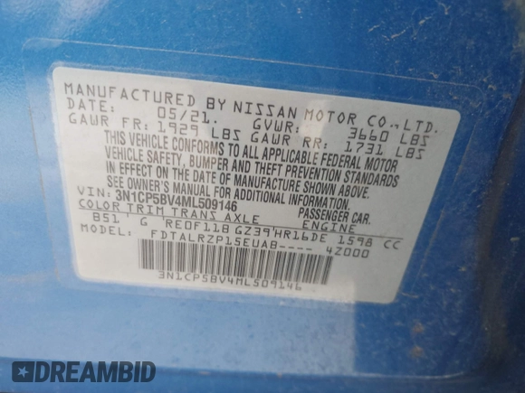 2021 Nissan Kicks S with VIN 3N1CP5BV4ML509146, listed as a IAAI auction lot 42078957 with 32,021 mi miles and . Bid and sale history available at DreamBid. Image 9.