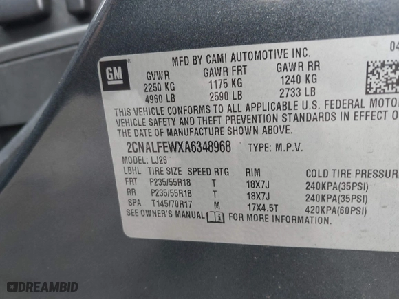 2010 Chevrolet Equinox LTZ with VIN 2CNALFEWXA6348968, listed as a IAAI auction lot 41716501 with 187,996 mi miles. Bid and sale history available at carsss.com. Image 9.
