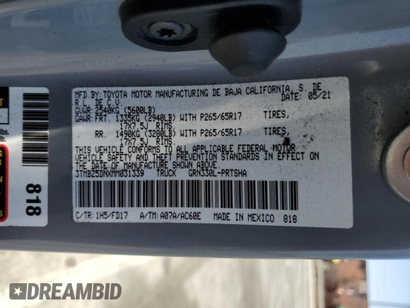 2021 Toyota Tacoma SR5 with VIN 3TMBZ5DNXMM031339, listed as a Copart auction lot 59178515 with 27,885 mi miles and Salvage title. Bid and sale history available at DreamBid. Image 12.