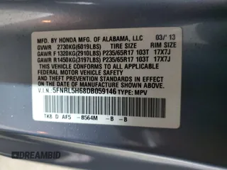 2013 Honda Odyssey EX-L with VIN 5FNRL5H68DB059146, listed as a Copart auction lot 47190105 with 200,378 mi miles and Salvage Title. Bid and sale history available at DreamBid. Image 13.