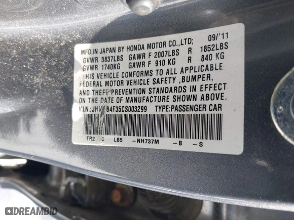 2012 Honda Civic Hybrid with VIN JHMFB4F35CS003299, listed as a IAAI auction lot 41509713 with 144,024 mi miles. Bid and sale history available at carsss.com. Image 9.