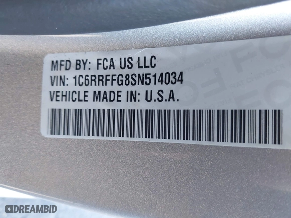 2025 Ram 1500 Big Horn with VIN 1C6RRFFG8SN514034, listed as a IAAI auction lot 41080475 with 5,322 mi miles. Bid and sale history available at carsss.com. Image 9.