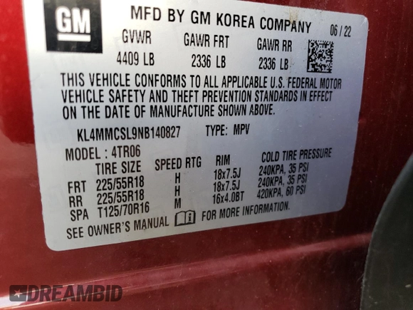 2022 Buick Encore GX Preferred z VIN KL4MMCSL9NB140827, wystawiony jako Copart lot #56158865 z przebiegiem 56 628 mil mil oraz Szkoda całkowita • Salvage title. Historia ofert i sprzedaży dostępna na DreamBid. Obrazek 13.