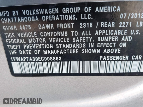 2014 Volkswagen Passat S с VIN 1VWAP7A30EC008863, выставлен на аукционе IAAI как лот 41004815 с пробегом 219 881 миль миль и . История ставок и продаж доступна на DreamBid. Изображение 9.