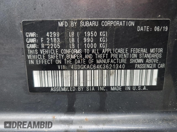2019 Subaru Impreza Premium with VIN 4S3GKAC64K3621340, listed as a Copart auction lot 57112265 with 88,876 mi miles and Salvage title. Bid and sale history available at DreamBid. Image 12.