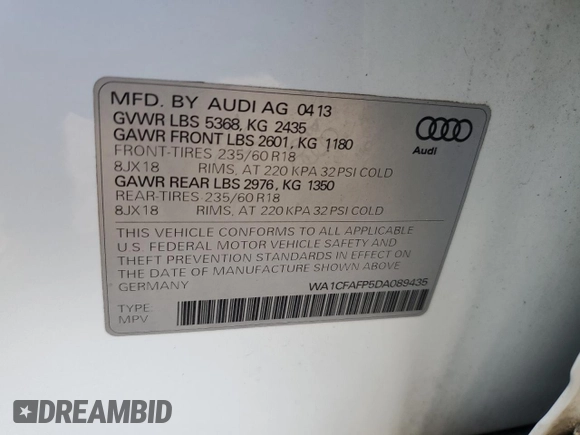 2013 Audi Q5 Premium with VIN WA1CFAFP5DA089435, listed as a Copart auction lot 51108665 with 125,746 mi miles and Clean Title. Bid and sale history available at carsss.com. Image 13.