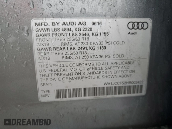 2017 Audi Q3 Premium Plus z VIN WA1JCCFS2HR002422, wystawiony jako Copart lot #50348465 z przebiegiem 110 204 mil mil oraz Szkody całkowita. Historia ofert i sprzedaży dostępna na DreamBid. Obrazek 13.