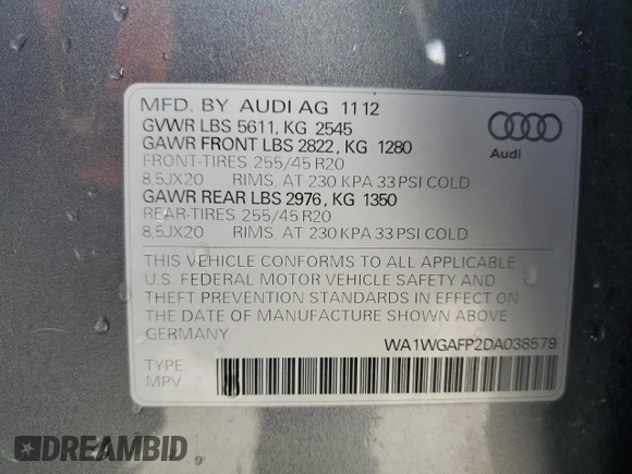 2013 Audi Q5 Prestige z VIN WA1WGAFP2DA038579, wystawiony jako Copart lot #55806595 z przebiegiem 162 757 mil mil oraz Szkoda całkowita • Salvage title. Historia ofert i sprzedaży dostępna na DreamBid. Obrazek 14.