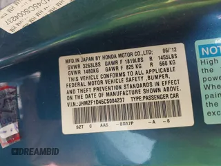 2012 Honda CR-Z with VIN JHMZF1D45CS004237, listed as a IAAI auction lot 42598638 with 60,896 mi miles and . Bid and sale history available at DreamBid. Image 9.