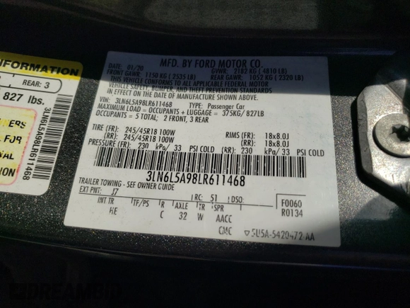 2020 Lincoln MKZ Standard with VIN 3LN6L5A98LR611468, listed as a Copart auction lot 47923185 with 169,772 mi miles and Salvage Title. Bid and sale history available at DreamBid. Image 13.