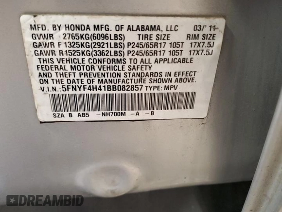 2011 Honda Pilot EX with VIN 5FNYF4H41BB082857, listed as a Copart auction lot 52669985 with 288,165 mi miles and Salvage Title. Bid and sale history available at DreamBid. Image 13.