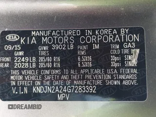 2016 Kia Soul with VIN KNDJN2A24G7283392, listed as a IAAI auction lot 42033055 with 17,237 mi miles and . Bid and sale history available at DreamBid. Image 9.
