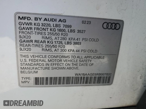 2024 Audi Q8 e-tron Premium Plus z VIN WA15AAGE5RB007032, wystawiony jako Copart lot #86919704 z przebiegiem Nie podano mil oraz Szkoda całkowita • Salvage title. Historia ofert i sprzedaży dostępna na DreamBid. Obrazek 13.